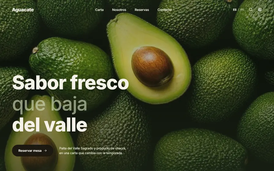 Portada de Aguacate: el titular «Sabor fresco que baja del valle» sobre un video de aguacates en primer plano.