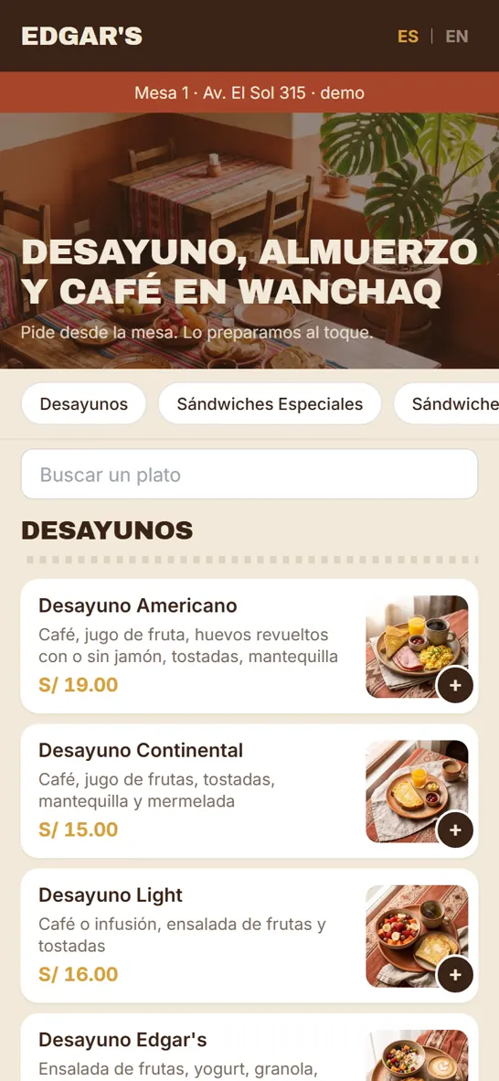 La carta de Edgar's en un celular: foto de ambiente, categorías y platos con precio en soles.